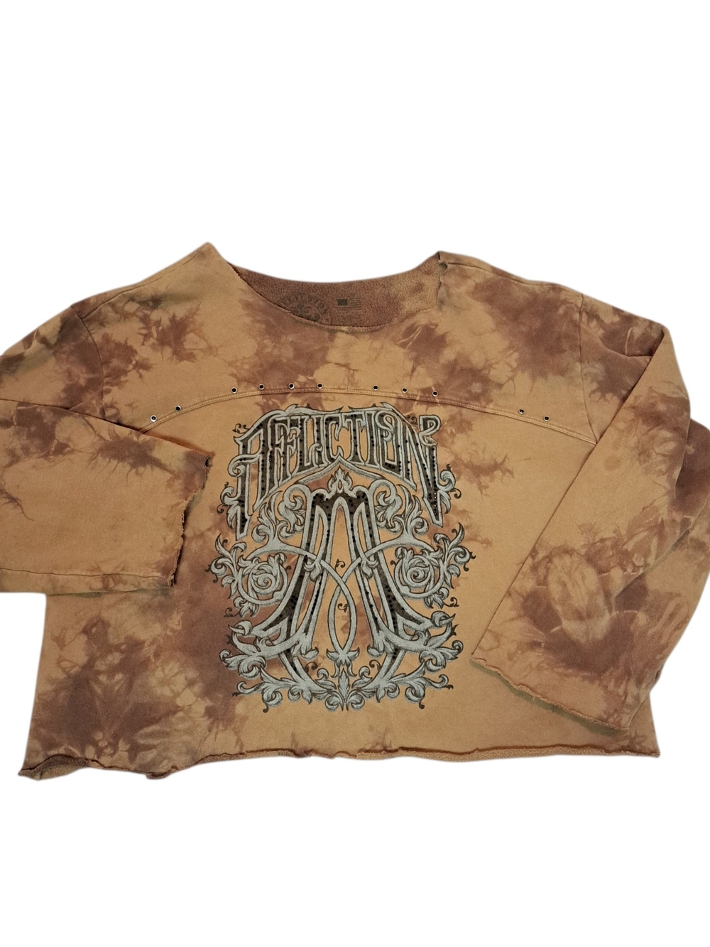 Affliction Women’s Tie Dye Graphic Cropped Long Sleeve Shirt Brown Studded
